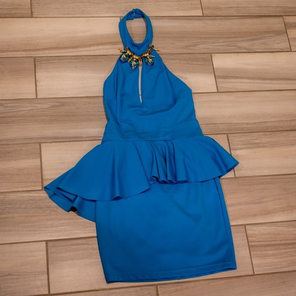 BEBE Blue Halter Mini Dress With Jeweled Neck - Picture 2 of 5